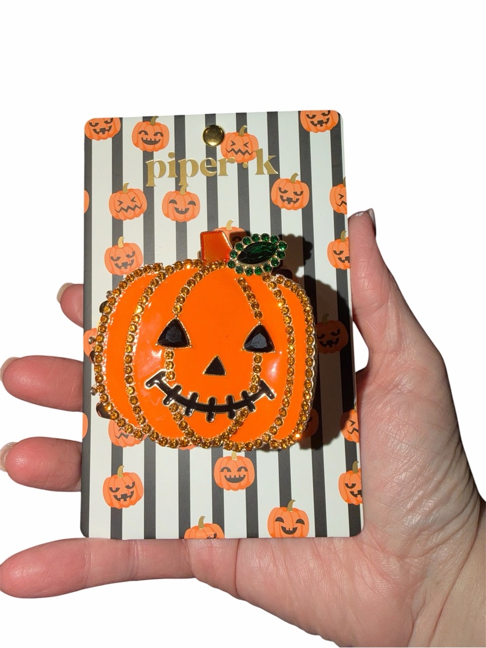 Piper Orange Pumpkin Jack-O'-Lantern Hair Clip with Green Leaf Accents